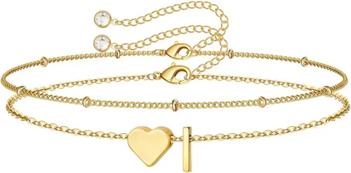 Miniatura 33 de M MOOHAM Pulseras de oro con inicial de corazón para mujer, pulseras con dije de letra A-Z de corazón dorado en capas para mujer, pulseras