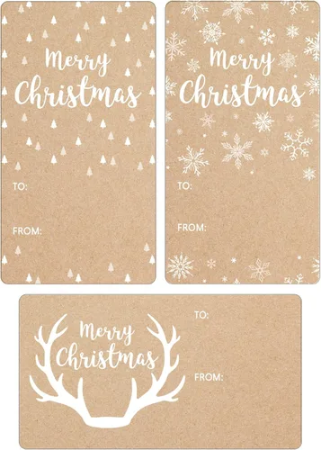 Miniatura 8 de Etiquetas de regalo con árbol de Navidad y cardenal rojo – Etiquetas autoadhesivas para envolver regalos navideños sobre fondo kraft – 42 etiquetas