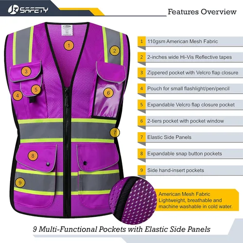 Miniatura 4 de JKSafety Chaleco de seguridad reflectante de alta visibilidad para mujer, tiras reflectantes cosidas en el cuerpo de color neón, transpirable