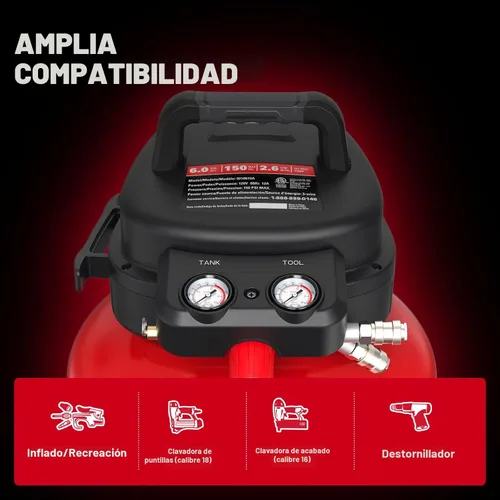 Miniatura 4 de ECOMAX Compresor de aire 6 galones 150 PSI portátil redondo libre de aceite con kit de accesorios de 10 piezas