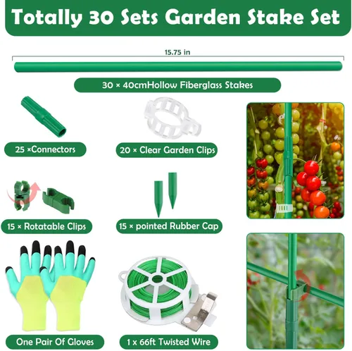 Miniatura 2 de Cludoo Juego de 94 estacas de jardín con 30 juegos de estacas de fibra de vidrio, soportes y accesorios, estacas de tomate de 4 pies, 5 pies, 6