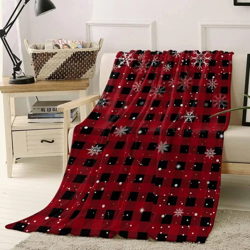 Miniatura 6 de Manta de Navidad para sofá, manta de lana cuadriculada roja, suave, acogedora y cálida, manta de franela con copos de nieve para cama, sofá, silla