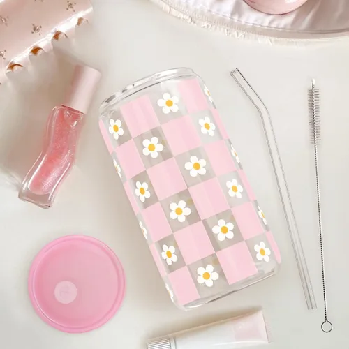 Miniatura 7 de SANDJEST Vaso de Vidrio con Margaritas en Patrón de Tablero de Ajedrez, Taza Floral a Cuadros con Tapa y Pajita, Tazas Estéticas de Café Helado