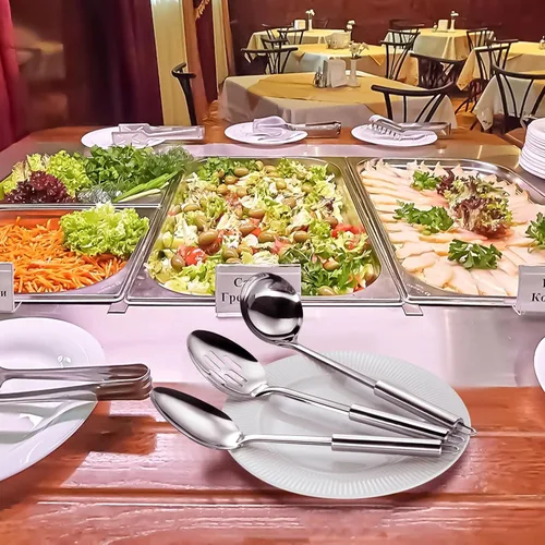 Miniatura 5 de Set de utensilios de servir Pleafind para fiestas, juego de 3 piezas de acero inoxidable plateado, incluye 1 cuchara para servir, 1 cuchara ranurada