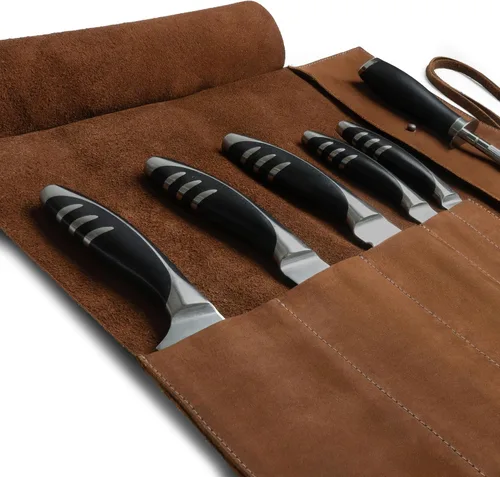 Miniatura 3 de Estuche de cuero rústico para cuchillos, bolsa duradera para cuchillos de chef para chefs profesionales, bolsa de rollo de cuchillos, funda