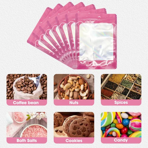 Miniatura 3 de 100 bolsas de Mylar a prueba de olores, bolsa de embalaje resellable con ventana transparente para almacenamiento de alimentos, bolsas de pie