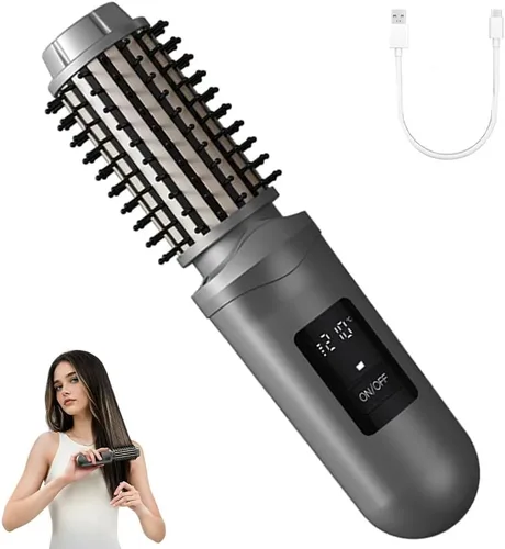 Cepillo de rizador de pelo inalámbrico, recargable, alimentado por batería, 3 en 1, portátil, alisador caliente, peine rizador, 3 ajustes de