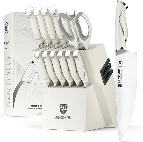 BRODARK Juego de cuchillos de cocina con bloque y afilador integrado, 15 piezas de cuchillos de chef profesionales de espiga completa, juego de