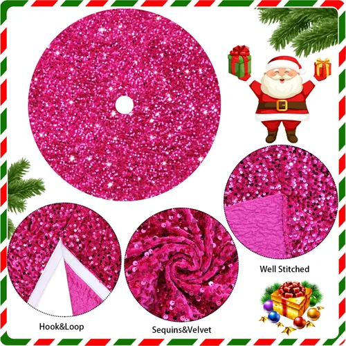 Miniatura 4 de Falda de árbol de Navidad rosa intenso de 46 pulgadas, falda de árbol de Navidad con lentejuelas brillantes, falda de árbol de Navidad fucsia