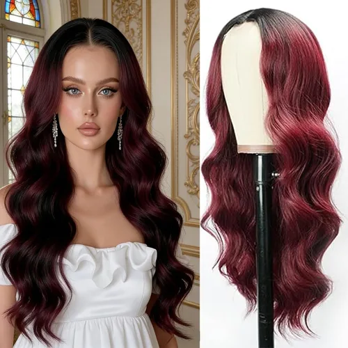 Miniatura 13 de Halcyon - Peluca sintética ondulada de 26 pulgadas, parte central natural, reflejos marrones 3-row hand-tied parting for realistic scalp