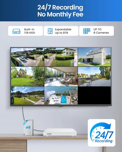Miniatura 6 de ZOSI Sistema de cámara de seguridad para el hogar de 8 canales 1080p con audio, detección de vehículos AI persona, 4 cámaras con cable