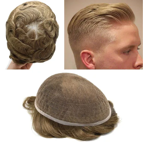 Miniatura 28 de Pieza de pelo tipo tupé para hombres, encaje suizo suave, cabello humano real, tupé para hombres, unidades de cabello con nudo blanqueado, sistema