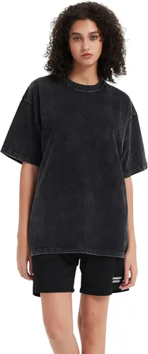 GETUBACK Camiseta vintage lavada para mujer, camisetas casuales de verano de manga corta gruesa, holgada, cuello redondo, camisetas de algodón