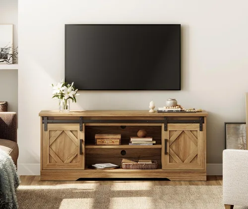 Miniatura 17 de WAMPAT Moderno soporte de TV de granja para televisores de hasta 65 pulgadas con puertas corredizas de granero, centro de entretenimiento de madera