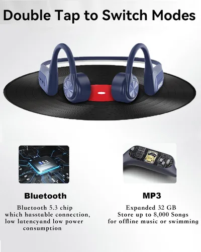 Miniatura 5 de Voistek Auriculares de conducción ósea inalámbricos Bluetooth, auriculares de conducción ósea ajustables con reproductor de MP3 de 32 GB e Azul