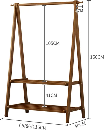 Miniatura 2 de Perchero de bambú portátil plegable con estantes de almacenamiento y riel de ropa colgante para entrada, dormitorio, espacios pequeños