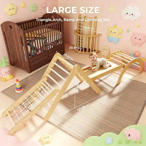 Miniatura 4 de LINKHOO Pikler - Juego de 4 triángulos de madera, juego de escalada Montessori para niños de 2 a 8 años, gimnasios de selva de interior con arco
