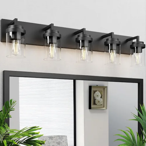 Miniatura 14 de Juego de 2 apliques de pared negros mate, con pantalla de cristal transparente, lámpara de montaje en pared para dormitorio, espejo y sala de estar