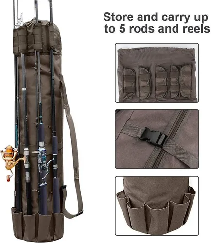 Miniatura 3 de Allnice Bolsa organizadora de lona duradera para caña de pescar y carrete, bolsa de transporte de viaje, con capacidad para 5 postes y aparejos Caqui