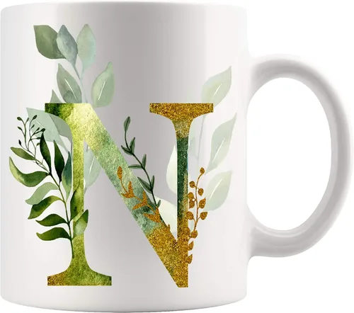 Taza de café Alpha/N con letra gráfica N – Letra alfabeto monograma N – oro brillante cualquier letra floral alfabeto té café caliente taza de