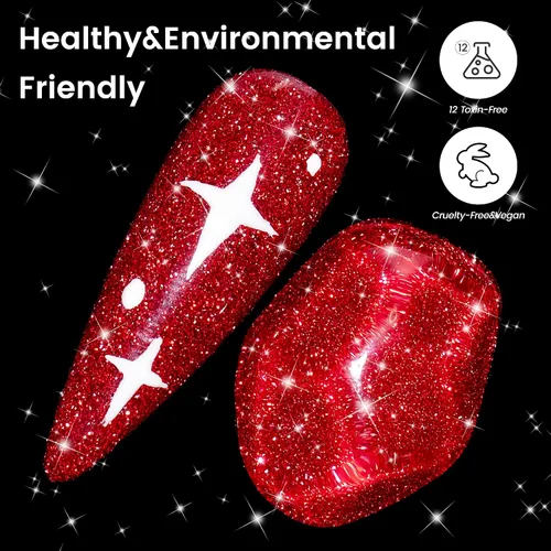 Miniatura 8 de YTD Likomey Esmalte de uñas de gel con purpurina reflectante, 15ml, esmalte de uñas de diamante brillante color rojo, uñas brillantes y brillantes