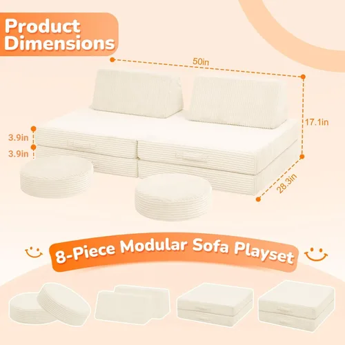 Miniatura 2 de MeMoreCool Sofá para Niños para Sala de Juegos, Sofá Convertible de Corduroy para Niños Pequeños, Sofá Modular de 8 Piezas para Juegos, Juego
