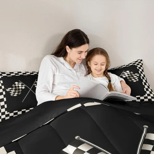 Miniatura 4 de Castle Fairy Juego de edredón con bandera a cuadros en blanco y negro para niños, niñas, mujeres y adultos, edredón con temática de carreras, juego