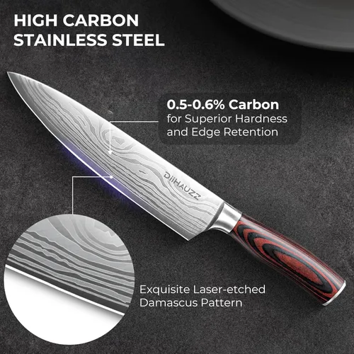 Miniatura 6 de DiiHAUZZ Cuchillo de chef de 8 pulgadas, cuchillo de cocina ultra afilado en acero inoxidable de alto carbono para chefs profesionales y caseros