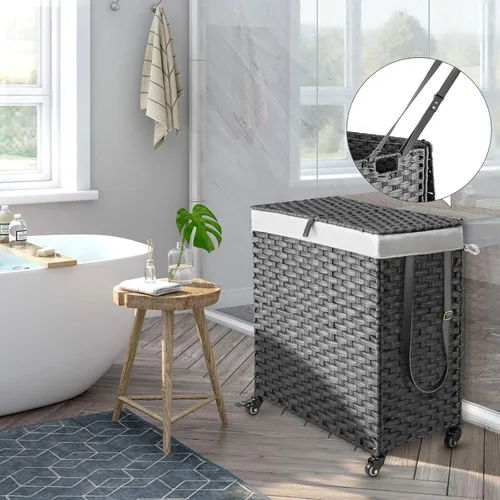 Miniatura 89 de GREENSTELL Cesta para ropa sucia con ruedas y tapa, 130 L, cesta grande de 3 secciones con 2 tipos de bolsas de forro extraíbles, 5 bolsas de malla
