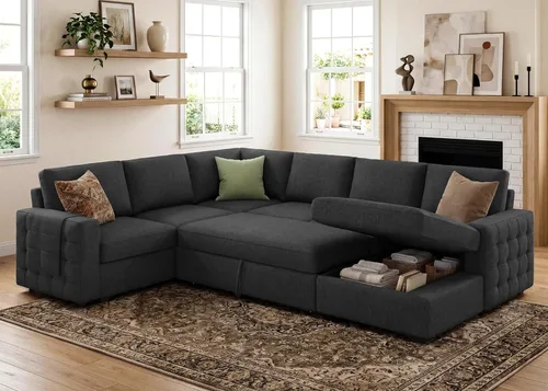 Miniatura 9 de HONBAY Sofá seccional con cama extraíble, sofá cama seccional con almacenamiento, sofás en forma de U para sala de estar, terciopelo beige