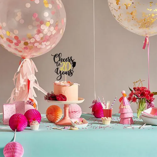 Miniatura 6 de 1 pieza de decoración para tartas de "Cheers to 20 años" con purpurina dorada y negra para pastel de 20 años, decoración de pastel de 20 años