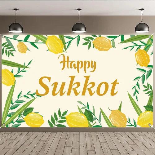 Cartel de fondo de Happy Sukkot con 70.8 x 43.3 pulgadas, pancarta de fondo de Happy Sukkah, fondo de fotografía judía Etrog Lulav para cabina de