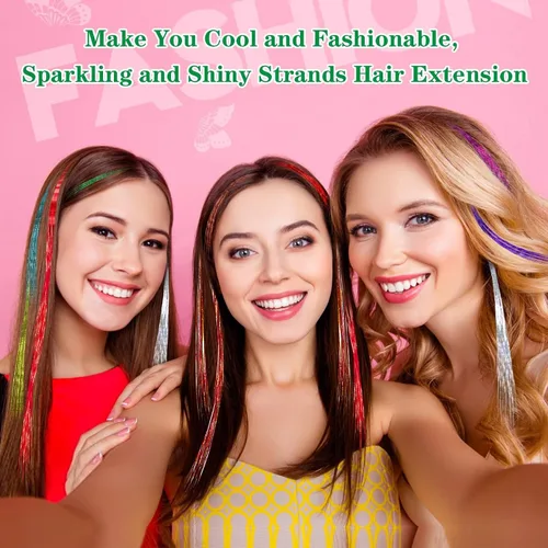 Miniatura 6 de FEBSNOW Extensión de cabello de 47 pulgadas con herramienta 2400 mechones, 12 colores mezclados, kit de extensiones de cabello con brillantina