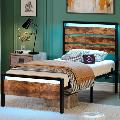 Miniatura 20 de VINGLI Base de cama de plataforma individual con cabecero y estribo LED, estación de carga USB, cama de panel de metal con espacio de almacenamiento