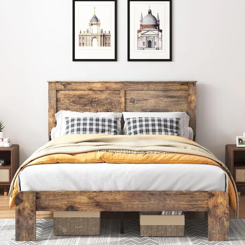Miniatura 13 de Base de cama completa de madera con cabecera, base de cama de plataforma rústica de granja con soporte de 12 listones de madera, no necesita somier