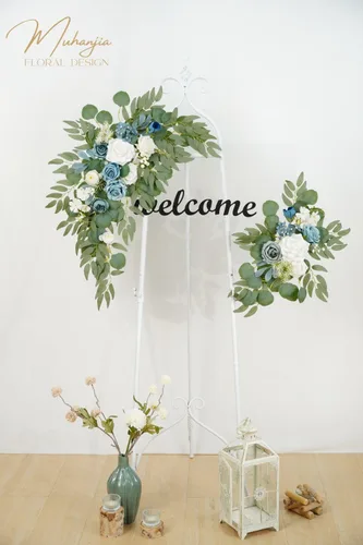 Miniatura 8 de Muhanjia Letrero de boda con estampado de flores sintéticas (paquete de 2) para ceremonia, fiesta, recepción, entrada, decoración floral, caballete