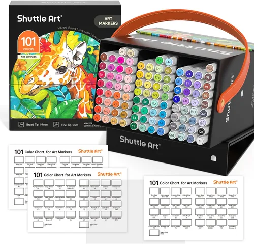 Shuttle Art Marcadores de Alcohol de 101 Colores, Juego de Marcadores Artísticos de Doble Punta de 100 Colores más 1 Mezclador Incoloro con Estuche