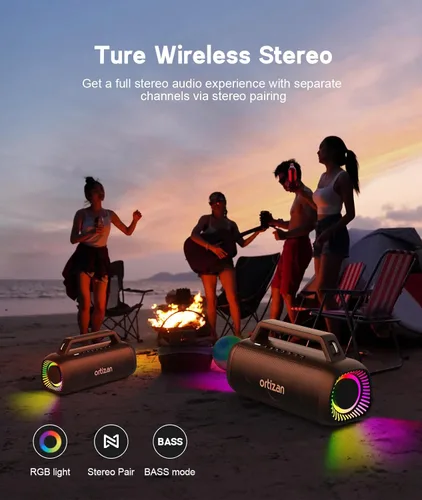 Miniatura 3 de Ortizan Altavoces inalámbricos Bluetooth de 80 W con graves, tiempo de reproducción 24 horas, IPX7 impermeable, Bluetooth 5.3, emparejamiento TWS