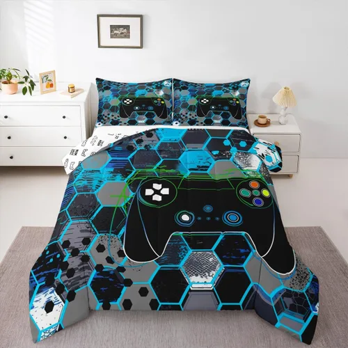 Miniatura 7 de Manfei Juego de edredón moderno de 2 piezas con estampado de consola de videojuegos de panal azul con 1 funda de almohada, juego de ropa de cama