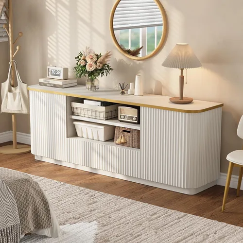 Miniatura 8 de QUW Soporte de TV acanalado de 70 pulgadas para televisores de hasta 80 pulgadas, moderno centro de entretenimiento con 2 cajones y gabinetes, Blanco