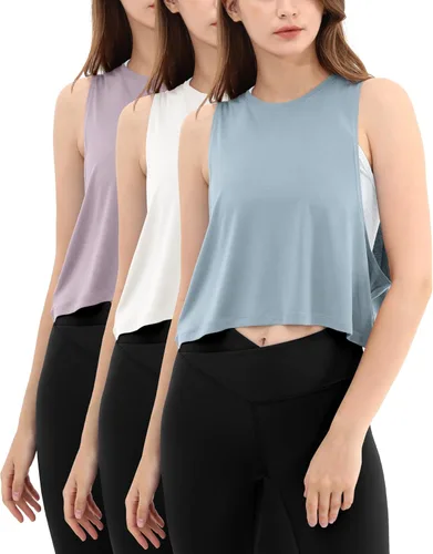 Miniatura 15 de ODODOS Paquete de 3 camisetas sin mangas sueltas para mujer, camisetas sin mangas para gimnasio, atletismo, entrenamiento, camisetas de yoga