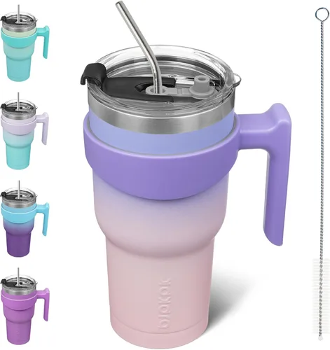 Miniatura 10 de BJPKPK Vaso con asa de acero inoxidable de 20 onzas, con aislamiento de doble pared, con tapa y pajita, color rosa claro A-rosa claro