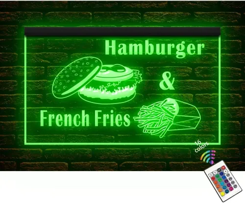 110142 Hamburger French Fries Fast Food Cafe Bar Shop Store Display Open Display LED Letrero de neón (12 x 8 pulgadas, 16 colores por control remoto)