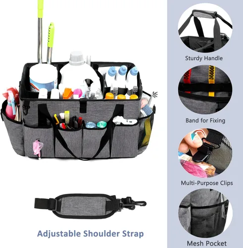 Miniatura 4 de Carrito de limpieza profesional XL para proveedores de limpieza, bolsa de limpieza portátil de 17 pulgadas para amas de casa, organizador de Gris