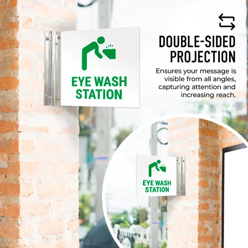 Miniatura 3 de Letrero de proyección de estación de lavado de ojos, doble cara, 6x6 pulgadas, ACM, con accesorio de níquel cepillado, fabricado en Estados Unidos