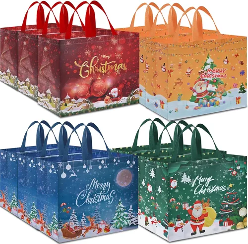 AhfuLife 12 piezas bolsas de regalo de Navidad extra grandes, 15.7'' x 14.2'' x 5.9'', bolsas tipo tote de Navidad con asas, bolsa de compras B: 12