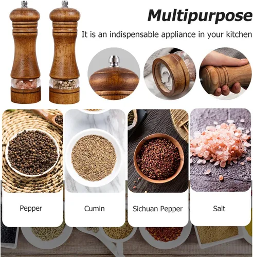 Miniatura 3 de Juego de 4 molinillo de sal y pimienta de madera de 7 pulgadas, molinillo de pimienta manual recargable con núcleos de molienda de cerámica, grosor