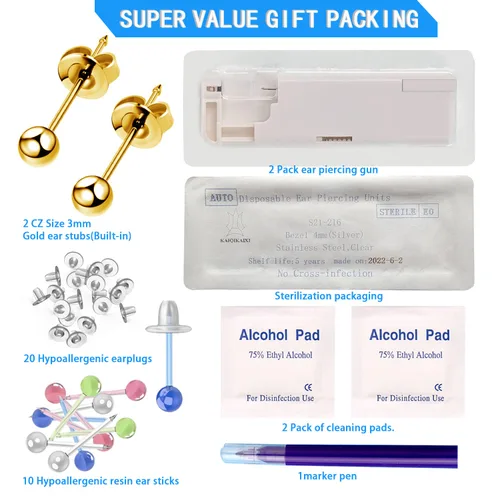 Miniatura 3 de KAIQIKAIXI 18 piezas, kit de perforación de oreja, pistola de clavos para oreja automática e indolora, desechable, aséptica, casera, portátil, grupo