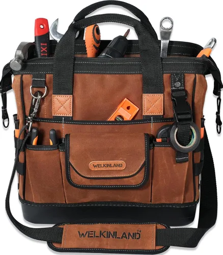 WELKINLAND Bolsa de herramientas de fondo duro de 22 bolsillos, Bolsa de herramientas de lona encerada de 14 pulgadas, Bolsas de electricista