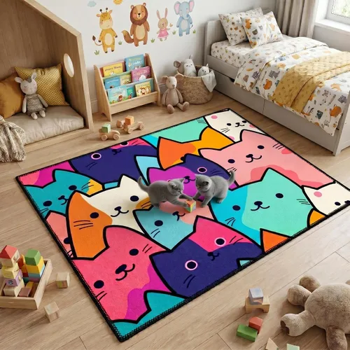 Miniatura 29 de Alfombra de gato para habitación de niñas, diseño de dibujos animados, decoración para dormitorio, bonita alfombra de área de gatos, alfombras